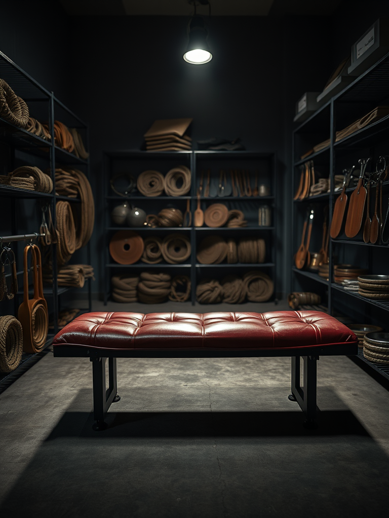 A meticulously arranged leather spanking bench dominates a dimly lit room, its deep oxblood padding smooth and slightly reflective, the heavy black metal frame bolted into a concrete floor. Around it, walls of dark, matte charcoal paint are broken only by industrial steel shelving lined with neatly coiled ropes, polished wooden paddles, and gleaming metal cuffs, all carefully organized. A single overhead spotlight casts a focused pool of cool white light onto the bench, leaving the rest of the studio in soft shadow, creating a sense of secrecy and anticipation. Shot in photographic realism from a slightly elevated three-quarter angle, with a shallow depth of field that keeps the bench razor-sharp while the background toys blur into a mysterious bokeh, evoking a dark, controlled, and intensely intimate atmosphere.